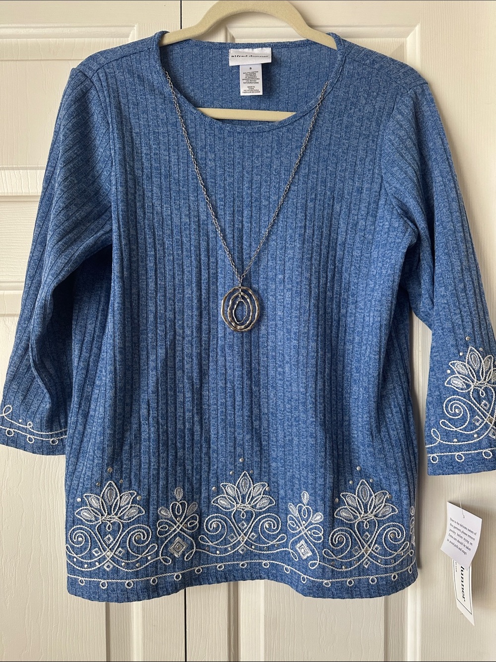 Alfred Dunner Blue Embroidered Rib-Knit Women's Top